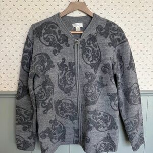 100% Wool Christopher & Banks Gray Paisley Zip-Up Sweater